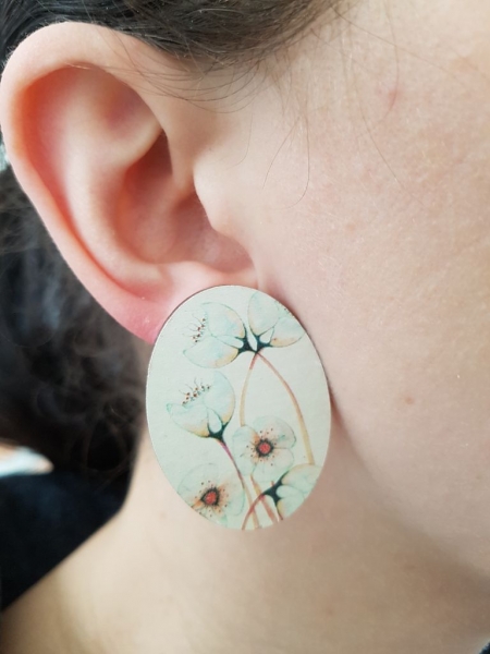 Große, ovale Holz Ohrstecker Mohnblumen